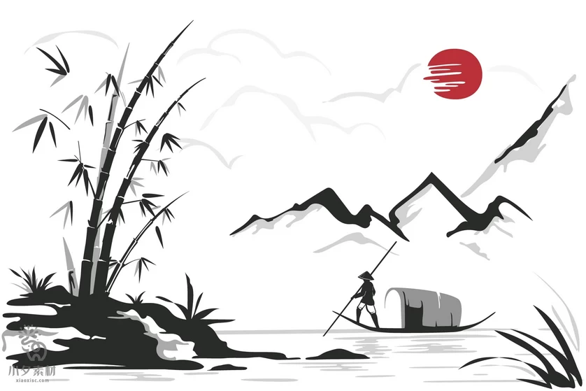 中国风中式禅意水彩水墨山水风景国画背景图案插画AI矢量设计素材【022】